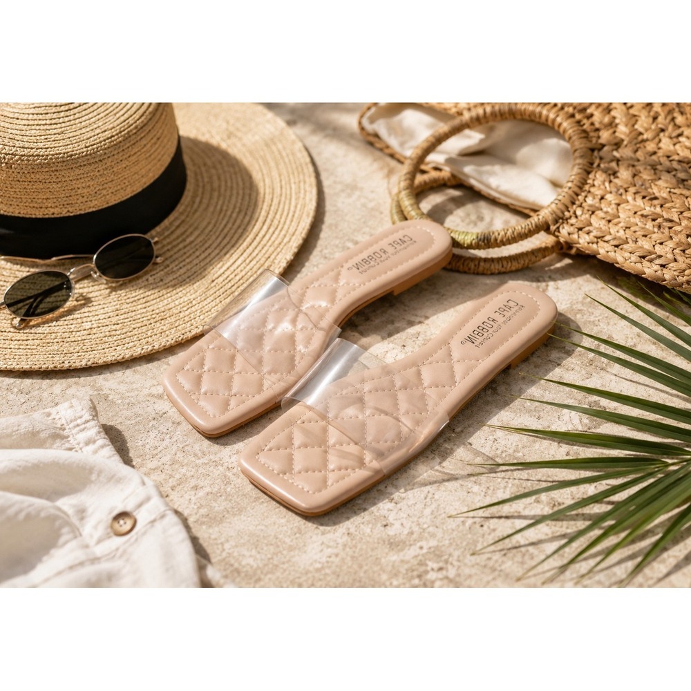 New Cape Robbin Clear Strap Slide Sandal Nude Quilted Women 6 NIB Light & Comfy